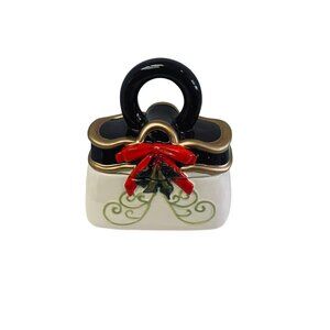 Davids Cookies Christmas Themed Purse Cookie Jar Bow & Holly Red Gold & Black